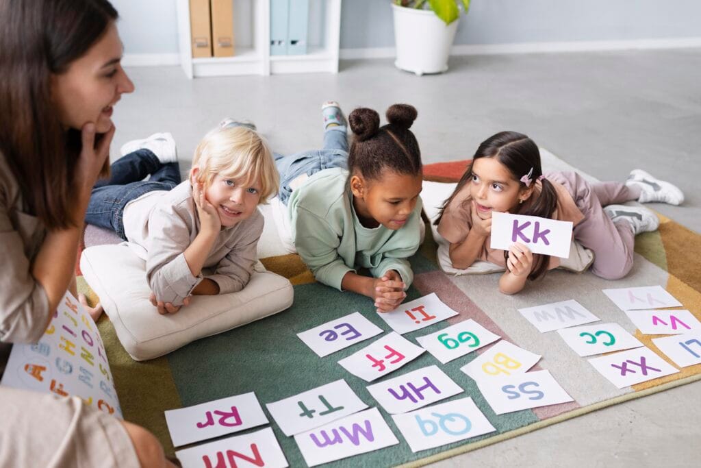 Children learning alphabets with phonics flashcards at ADA Holistic Phonics in Bangalore