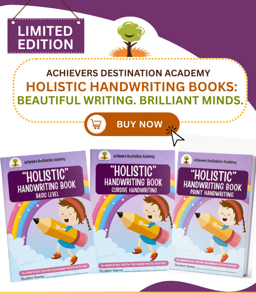 ADA Holistic Handwriting Book featuring basic, cursive, and print writing practice for children with structured worksheets and neatness drills.