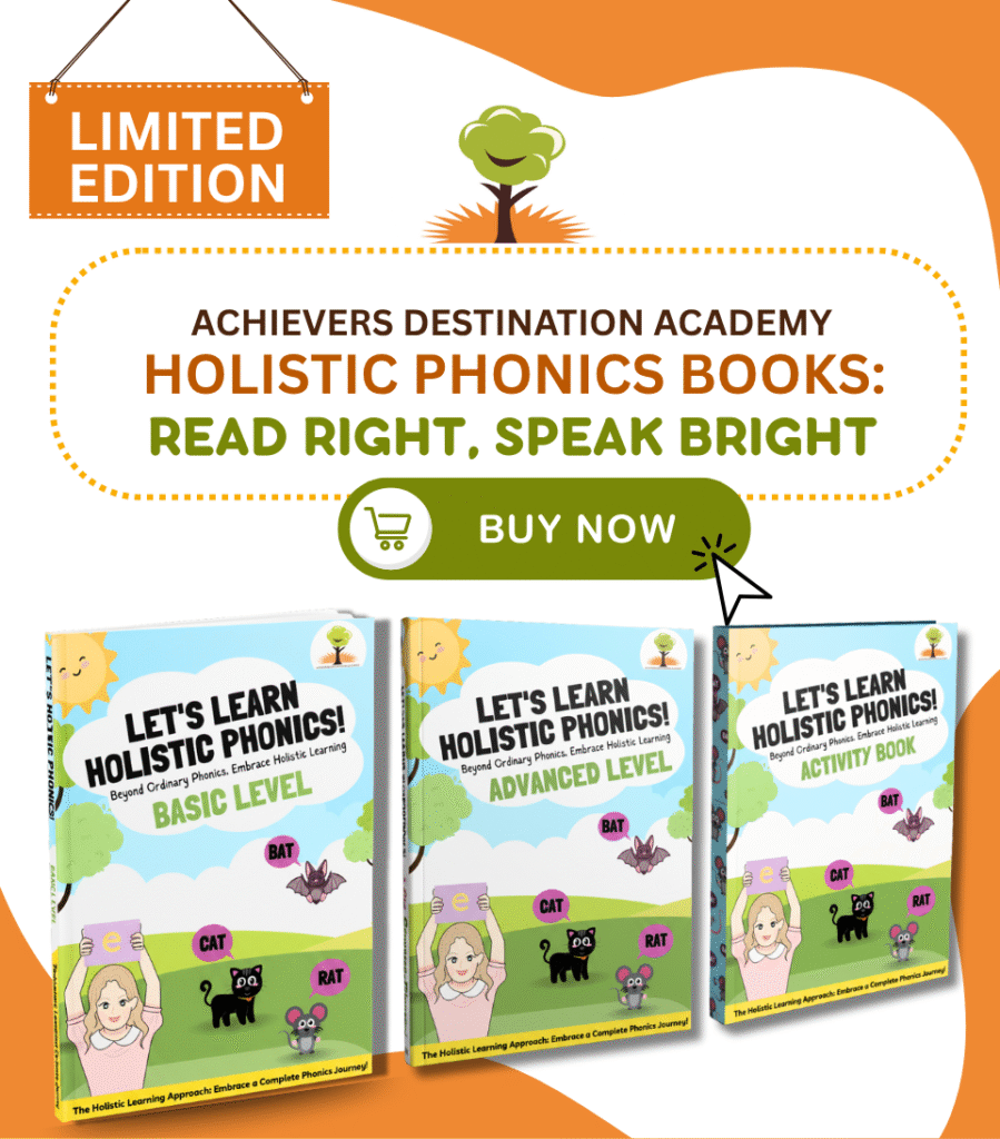 ADA Holistic Phonics Books by Achievers Destination Academy, including basic, advanced, and activity phonics practice materials.