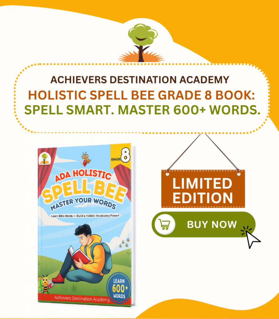 ADA Holistic Spell Bee Book Grade 8 with advanced spelling rules, vocabulary building, and competitive practice