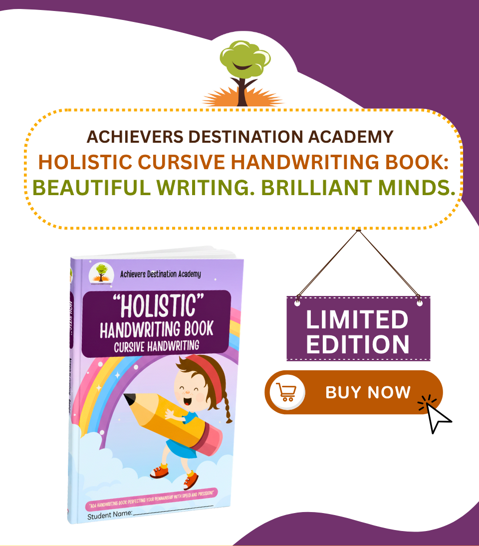 ADA Holistic Cursive Handwriting Book with guided cursive letter joins, spacing practice, and smooth writing worksheets for children.