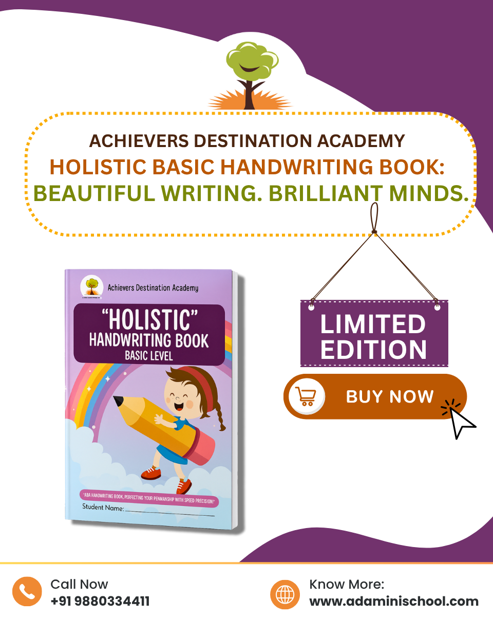 Children practising neat letter formation and basic handwriting skills using the ADA Holistic Basic Handwriting Book at Achievers Destination Academy.