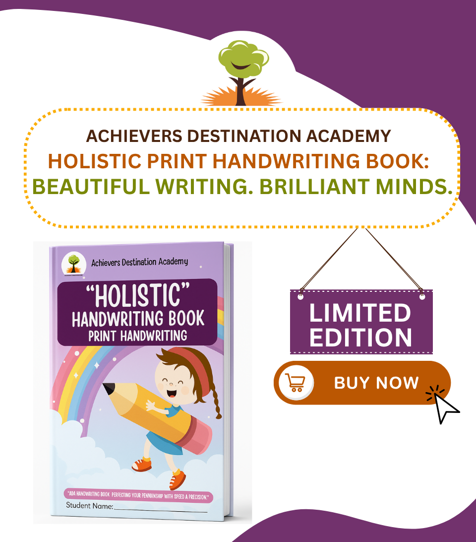 Children practising neat and clear print letter formation using the ADA Holistic Print Handwriting Book at Achievers Destination Academy.