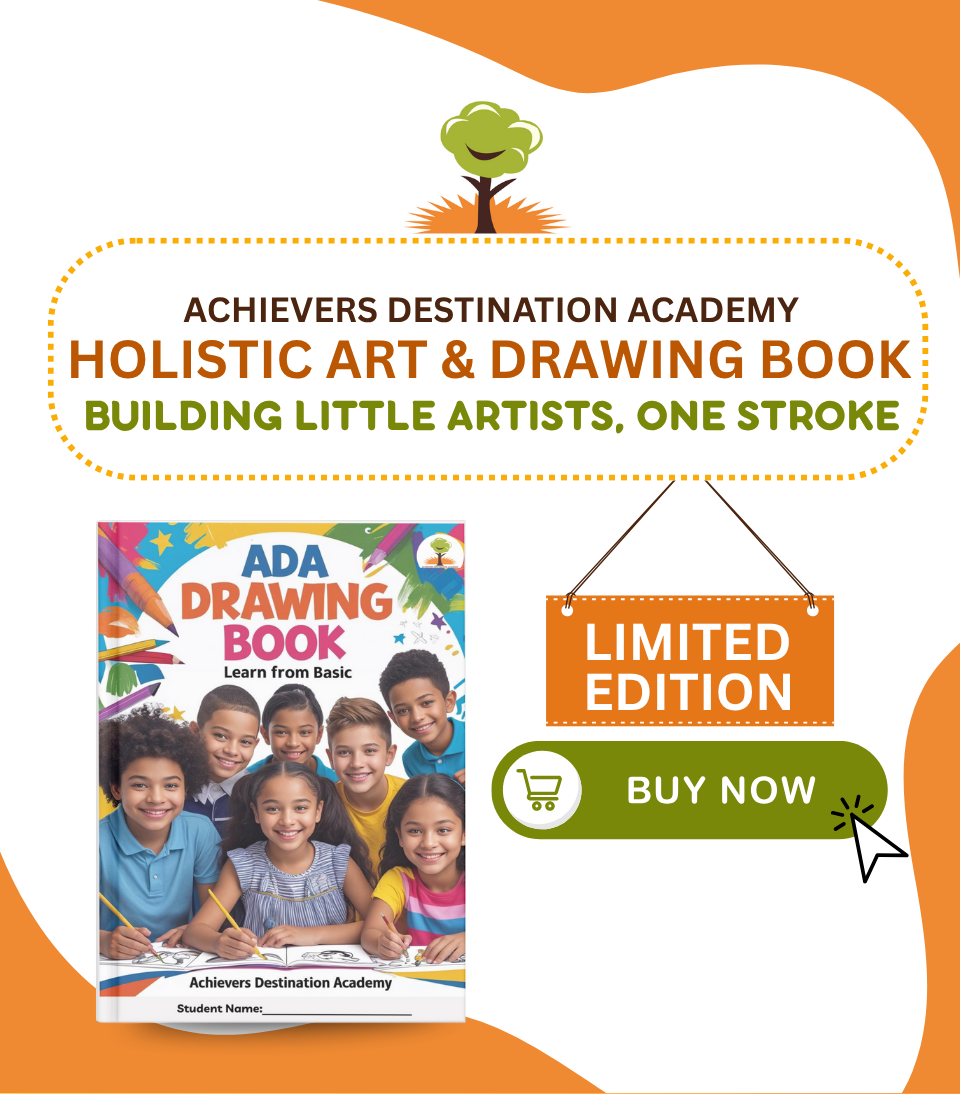 ADA Holistic Art & Drawing Course by Achievers Destination Academy – children learning drawing, colouring, shapes, and creative art skills with one dedicated Art & Drawing Book.