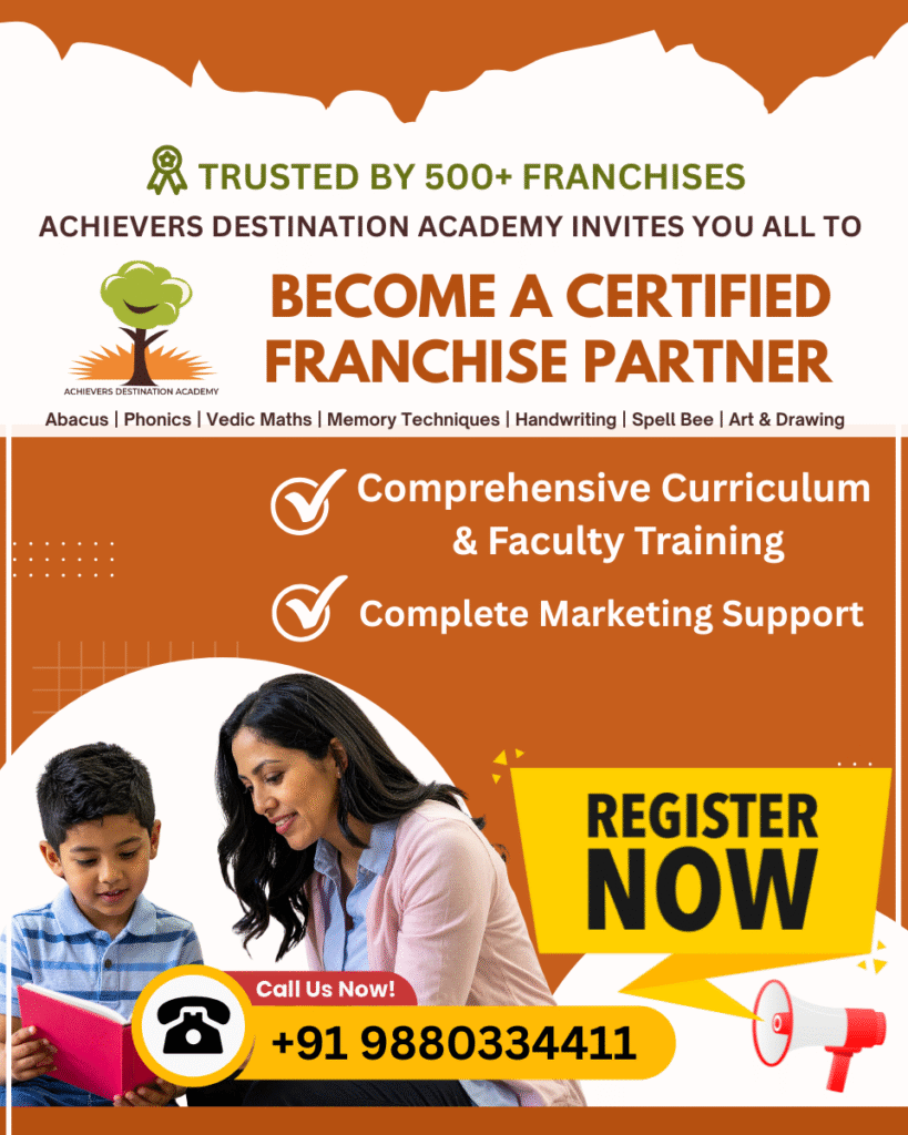 ADA Holistic Franchise Partner by Achievers Destination Academy offering Abacus, Vedic Maths, Phonics, Memory, Handwriting, Spell Bee, Arts & Drawing, and Public Speaking programs.