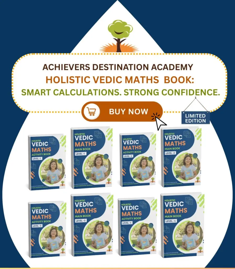 Image of ADA Holistic Vedic Maths Books by Achievers Destination Academy, including level-wise main books and activity books for mental maths learning.