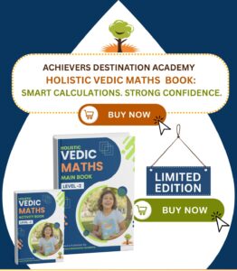 Image of ADA Vedic Maths Main Book and Level 2 Activity Book by Achievers Destination Academy, featuring advanced Vedic techniques, speed drills, and structured practice worksheets.