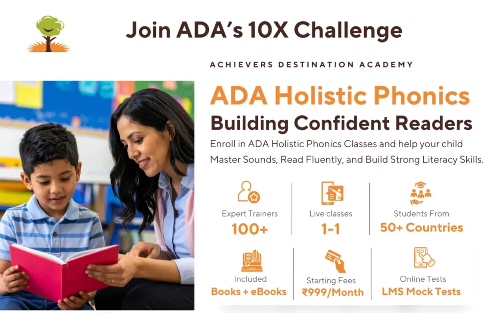 Children learning phonics with ADA Holistic Phonics Course by Achievers Destination Academy, featuring basic and advanced phonics activities.