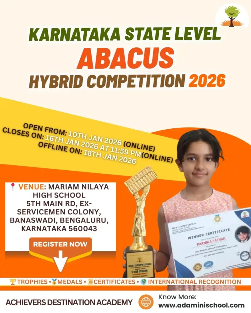 Abacus Competition 2026 poster showing competition dates, venue in Bengaluru, trophies, certificates, and a student holding a winner certificate